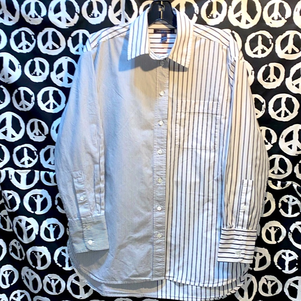 BANANA REPUBLIC GREY/WHITE MIXED STRIPED BUTTON DOWN SHIRT SZ S